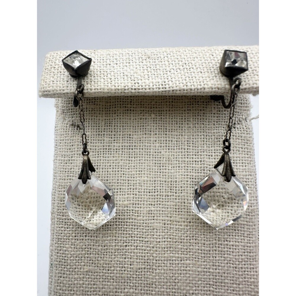 Antique Faceted Crystal Dangle Earrings Screw Back